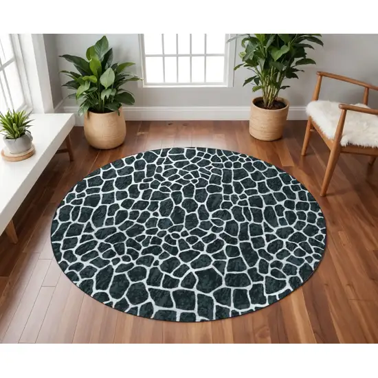 8' X 8' Black and White Croc Round Shag Handmade Non Skid Area Rug Photo 1