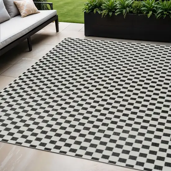 Black and White Geometric Distressed Indoor Outdoor Area Rug Photo 1