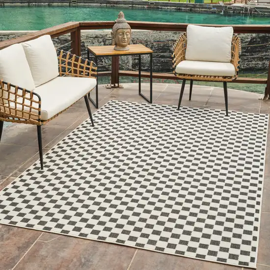 Black and White Geometric Distressed Indoor Outdoor Area Rug Photo 8