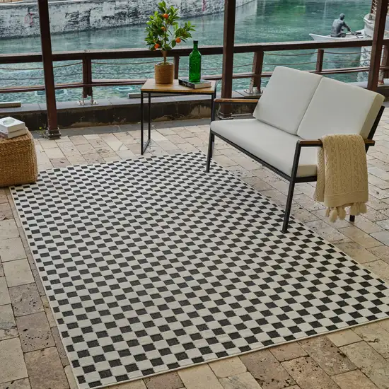 Black and White Geometric Distressed Indoor Outdoor Area Rug Photo 9