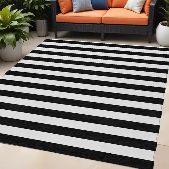 Black and White Striped Washable Non Skid Indoor Outdoor Area Rug Photo 1