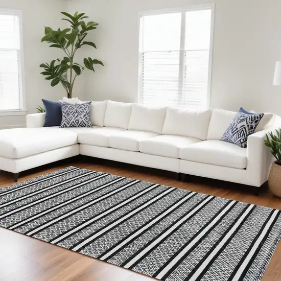 Black and White Wool Geometric Stripe Hand Loomed Area Rug Photo 1