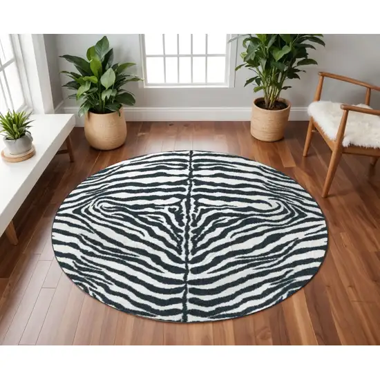 8' X 8' Black and White Zebra Print Round Shag Handmade Non Skid Area Rug Photo 1