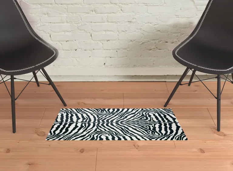 Black and White Zebra Print Shag Handmade Non Skid Area Rug Photo 2