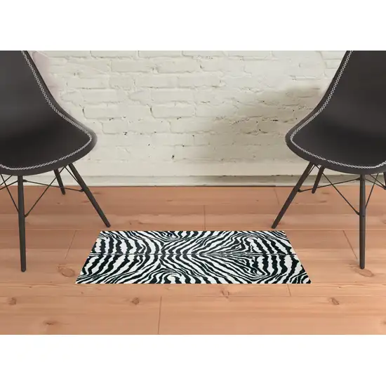 Black and White Zebra Print Shag Handmade Non Skid Area Rug Photo 2