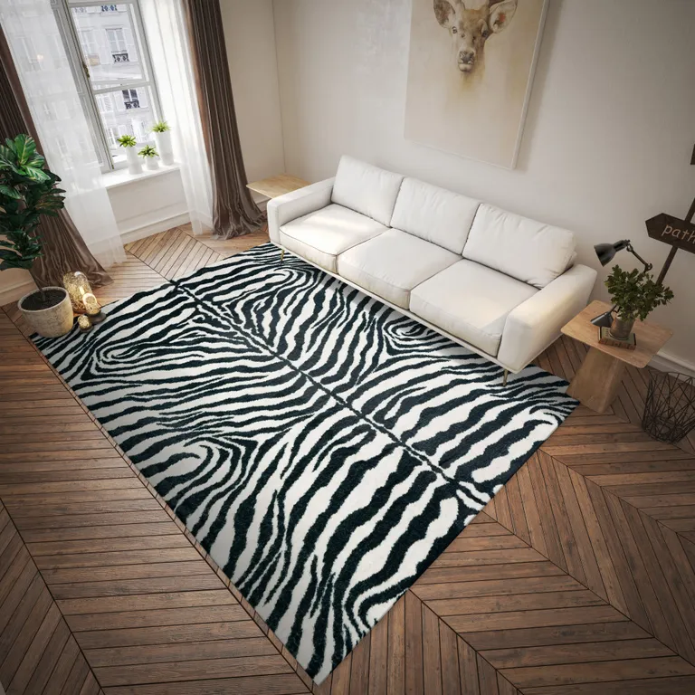 Black and White Zebra Print Shag Handmade Non Skid Runner Rug Photo 3