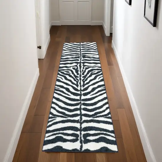 3' X 8' Black and White Zebra Print Shag Handmade Non Skid Runner Rug Photo 1