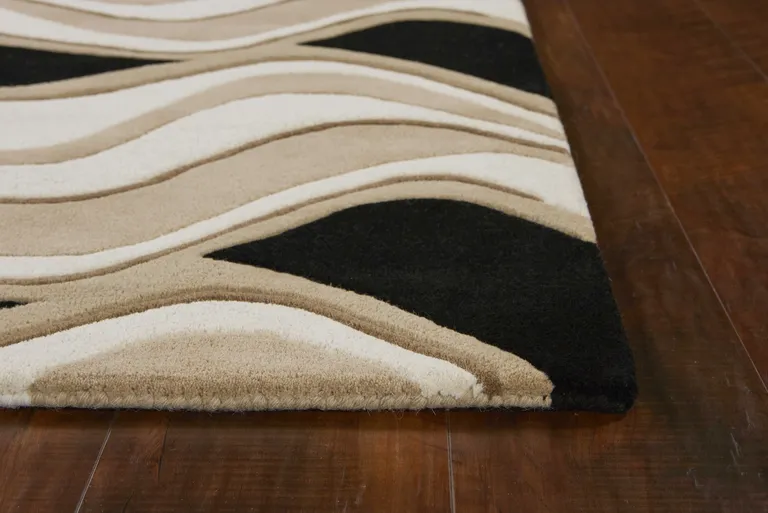 Black or Beige Abstract Waves Wool Area Rug Photo 4