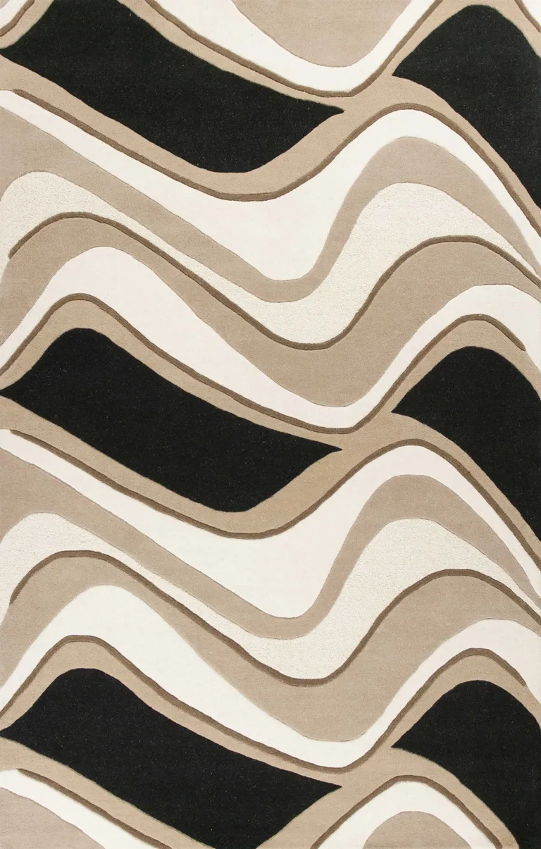 Black or Beige Abstract Waves Wool Area Rug Photo 1