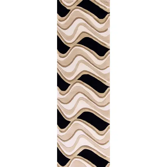 Black or Beige Abstract Waves Wool Runner Rug Photo 1