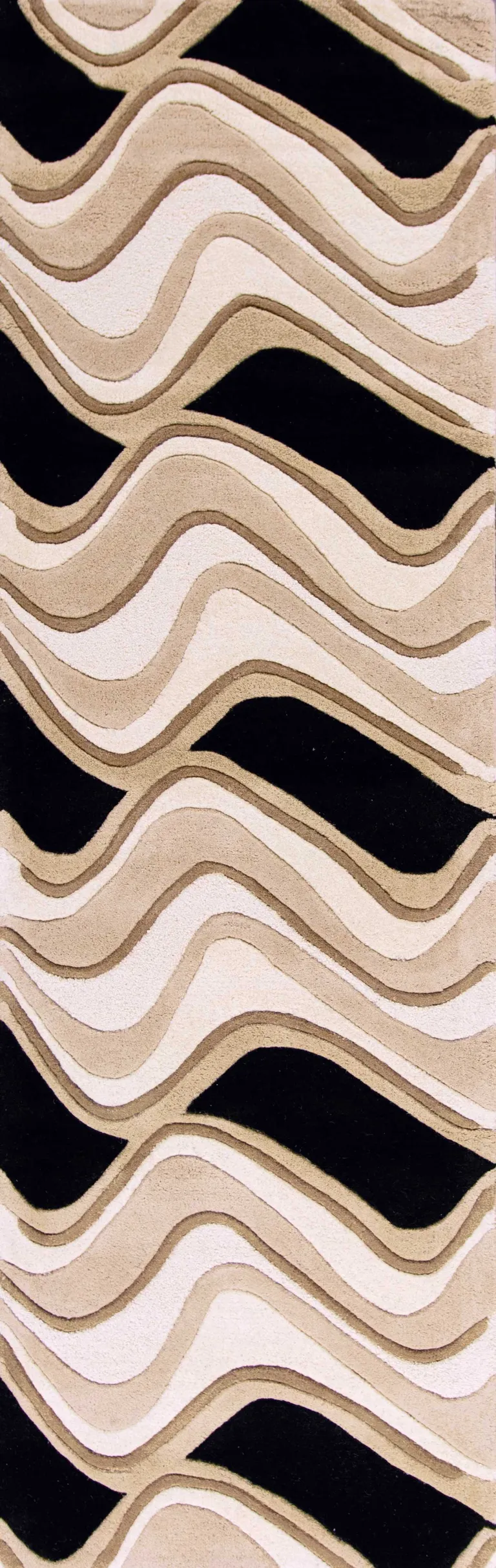 Black or Beige Abstract Waves Wool Runner Rug Photo 1