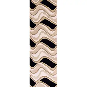 Photo of Black or Beige Abstract Waves Wool Runner Rug