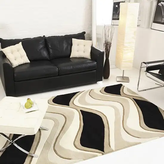 Black or Beige Abstract Waves Wool Runner Rug Photo 3