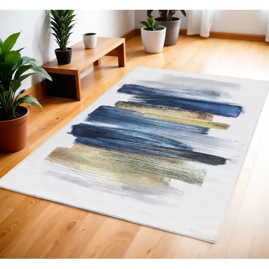 Blue Abstract Power Loom Washable Non Skid Area Rug Photo 1