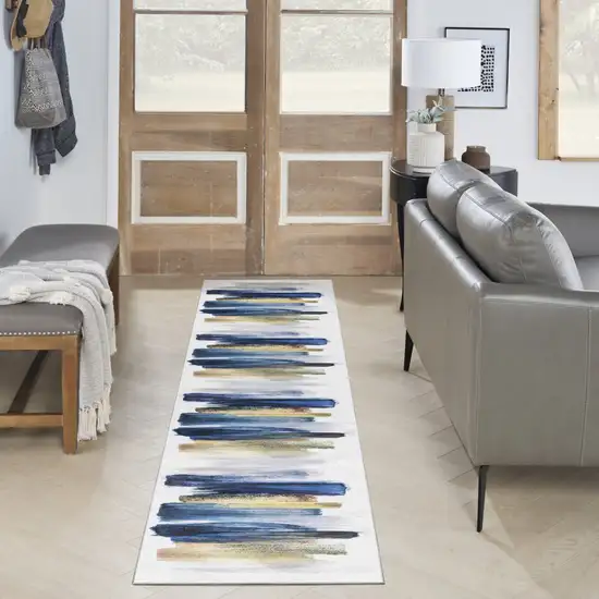 Blue Abstract Power Loom Washable Non Skid Runner Rug Photo 8