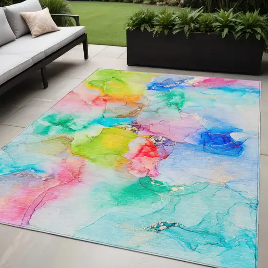 Blue Pink and Green Abstract Washable Indoor Outdoor Area Rug Photo 1