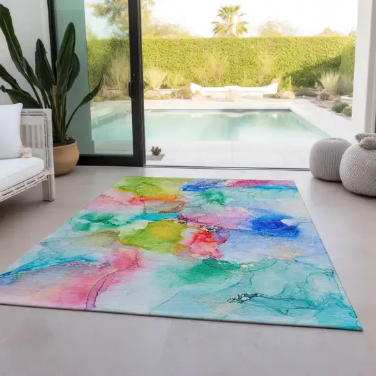 Blue Pink and Green Abstract Washable Indoor Outdoor Area Rug Photo 9