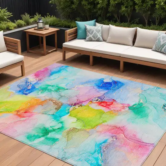 Blue Pink and Green Abstract Washable Indoor Outdoor Area Rug Photo 1