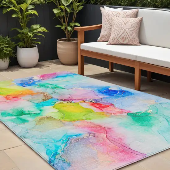 Blue Pink and Green Abstract Washable Indoor Outdoor Area Rug Photo 1