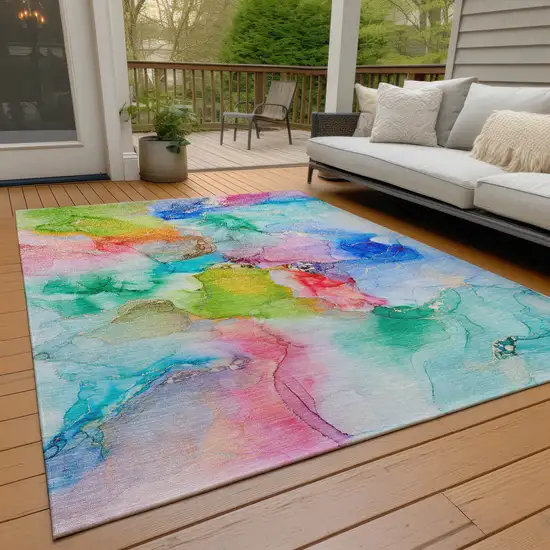 Blue Pink and Green Abstract Washable Indoor Outdoor Area Rug Photo 9