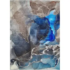 Photo of Blue Abstract Washable Non Skid Indoor Outdoor Area Rug