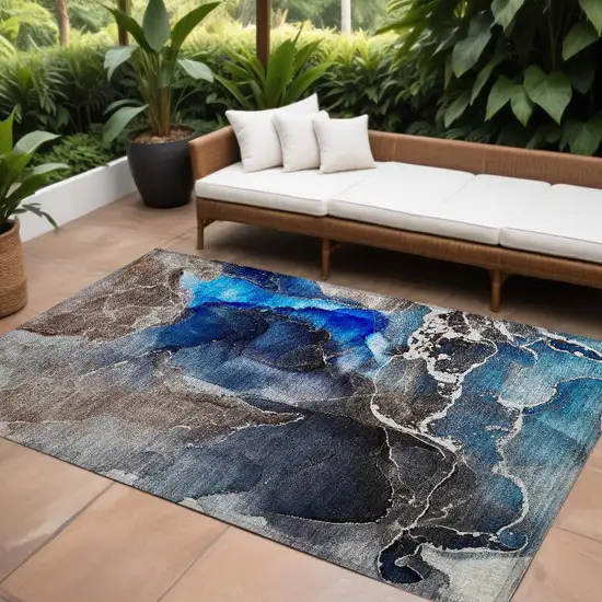 Blue Abstract Washable Non Skid Indoor Outdoor Area Rug Photo 1