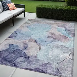 Photo of Blue Abstract Washable Non Skid Indoor Outdoor Area Rug