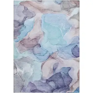 Photo of Blue Abstract Washable Non Skid Indoor Outdoor Area Rug