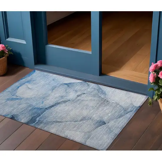 Blue Abstract Washable Non Skid Indoor Outdoor Area Rug Photo 1