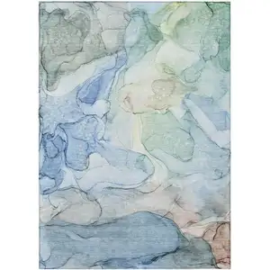 Photo of Blue Abstract Washable Non Skid Indoor Outdoor Area Rug