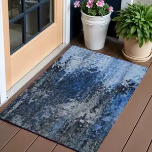 Photo of Blue Abstract Washable Non Skid Indoor Outdoor Area Rug