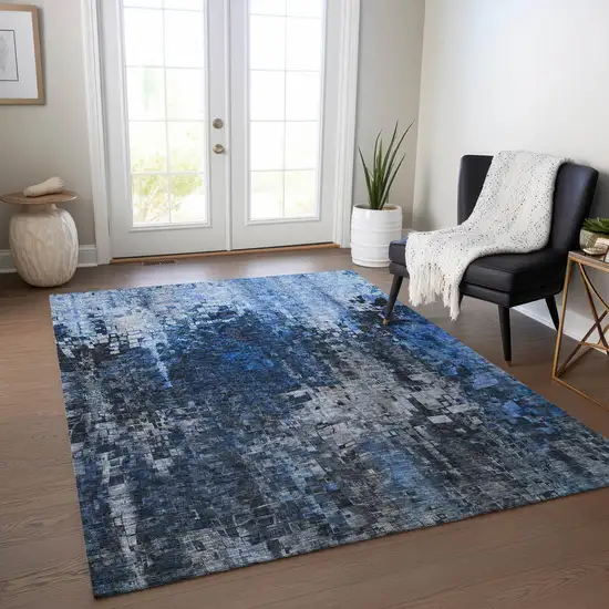 Blue Abstract Washable Non Skid Indoor Outdoor Area Rug Photo 8