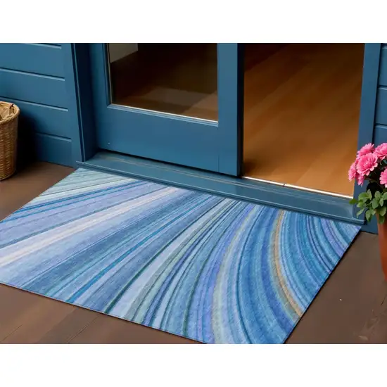 Denim Blue And Sky Blue Abstract Washable Indoor Outdoor Area Rug Photo 1