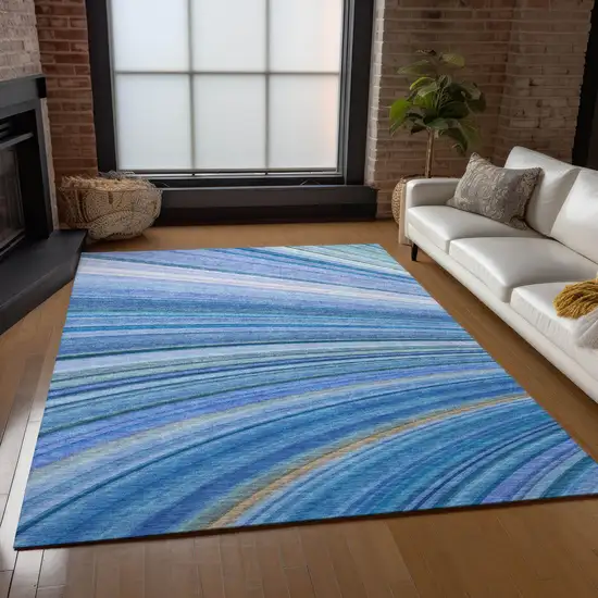 Denim Blue And Sky Blue Abstract Washable Indoor Outdoor Area Rug Photo 9