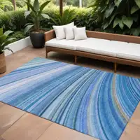 Photo of Blue Abstract Washable Non Skid Indoor Outdoor Area Rug