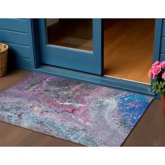 Blue Abstract Washable Non Skid Indoor Outdoor Area Rug Photo 1