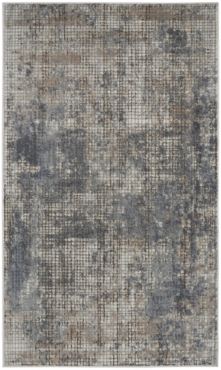 Blue And Beige Abstract Power Loom Distressed Non Skid Area Rug Photo 1