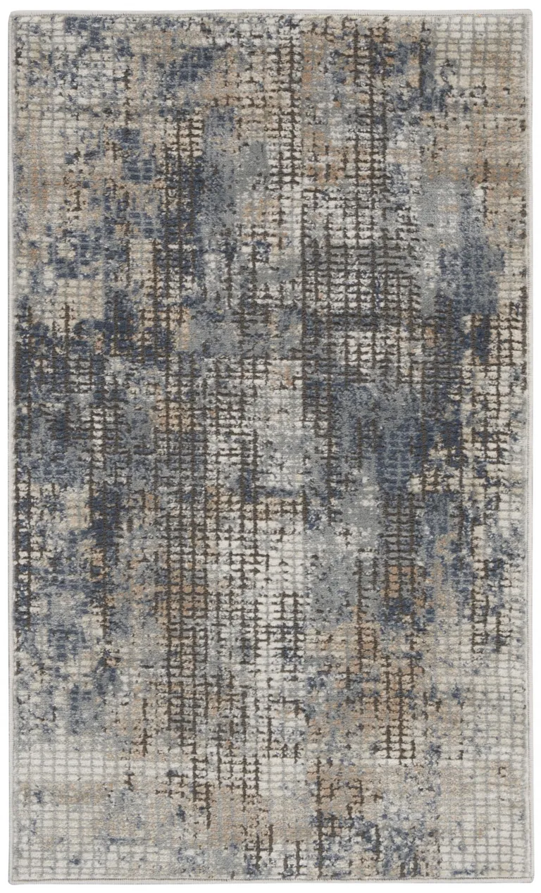 Blue And Beige Abstract Power Loom Distressed Non Skid Area Rug Photo 1