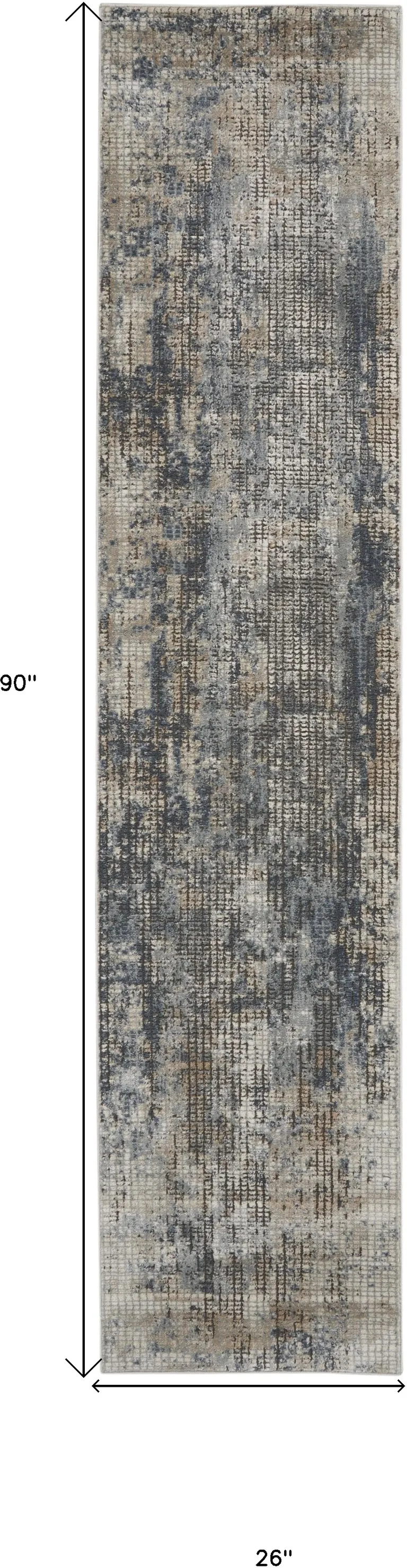 Blue And Beige Abstract Power Loom Distressed Non Skid Runner Rug Photo 5