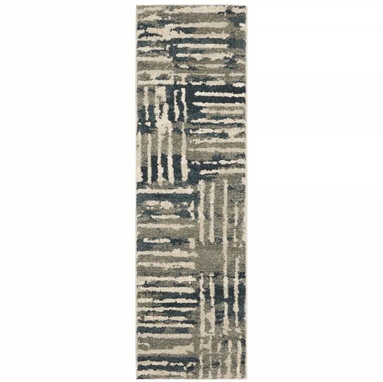 Blue And Beige Abstract Power Loom Stain Resistant Runner Rug Photo 2