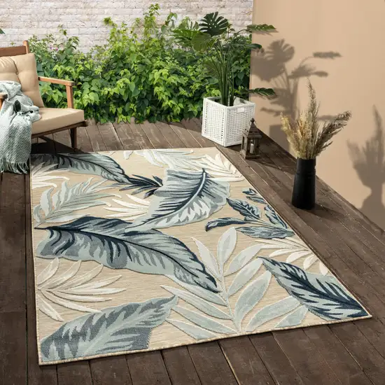 Blue And Beige Floral Stain Resistant Indoor Outdoor Area Rug Photo 9