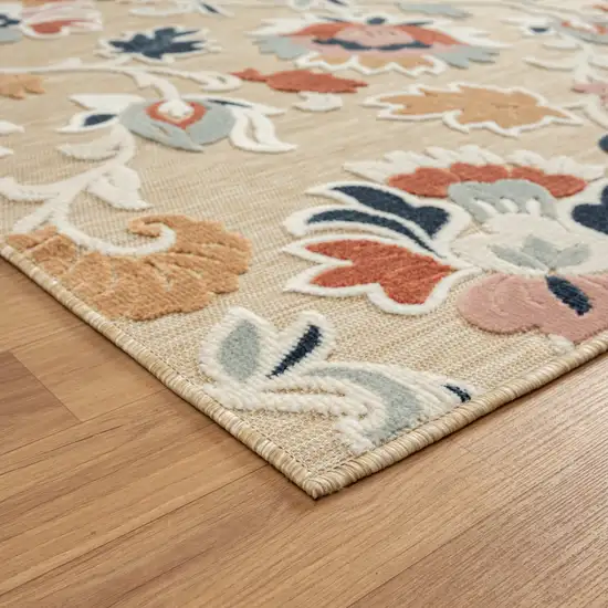 Blue And Beige Floral Stain Resistant Indoor Outdoor Area Rug Photo 6