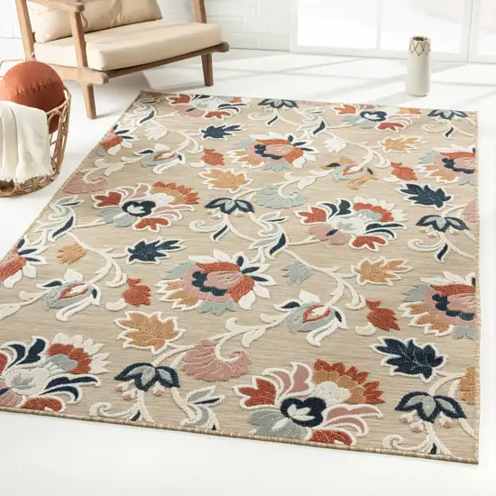 Blue And Beige Floral Stain Resistant Indoor Outdoor Area Rug Photo 8