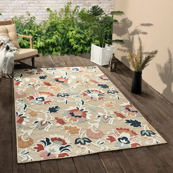 Blue And Beige Floral Stain Resistant Indoor Outdoor Area Rug Photo 9