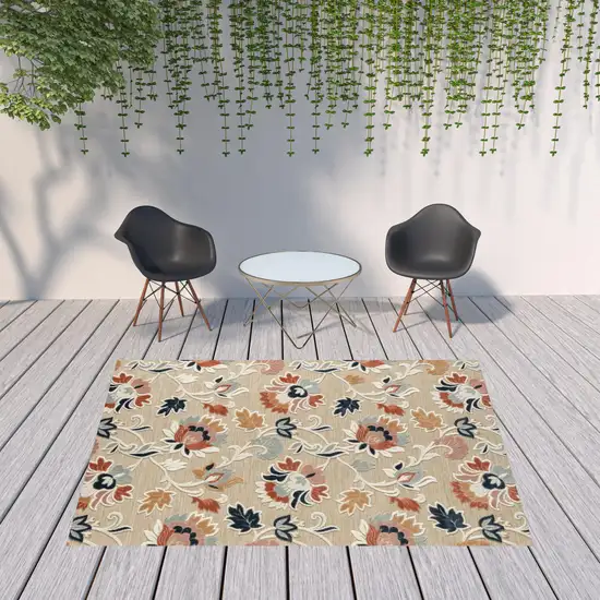 Blue And Beige Floral Stain Resistant Indoor Outdoor Area Rug Photo 2