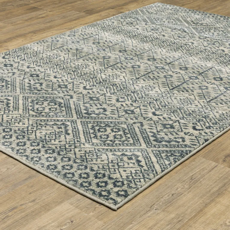 Blue And Beige Geometric Power Loom Stain Resistant Area Rug Photo 4