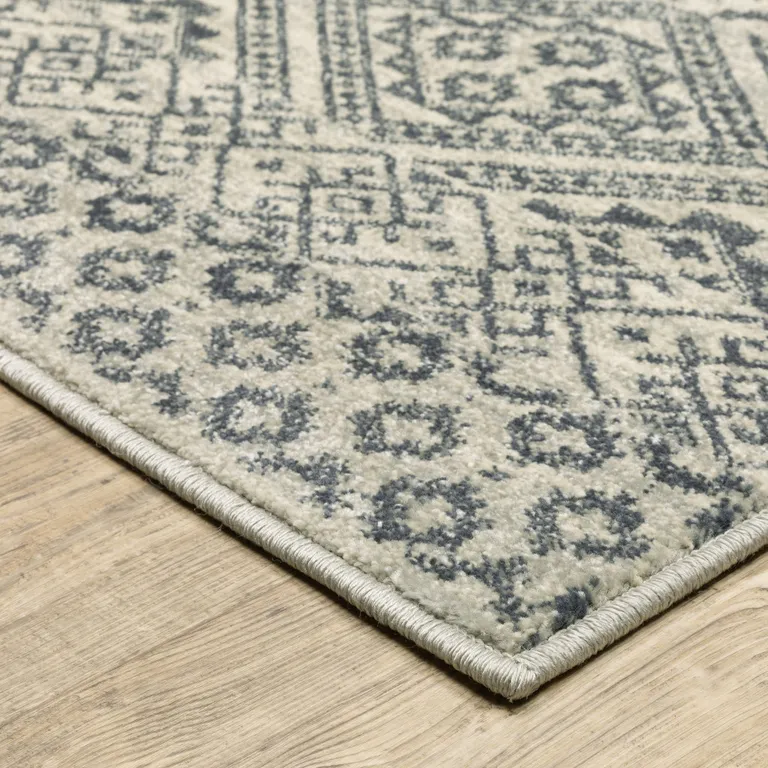 Blue And Beige Geometric Power Loom Stain Resistant Runner Rug Photo 3