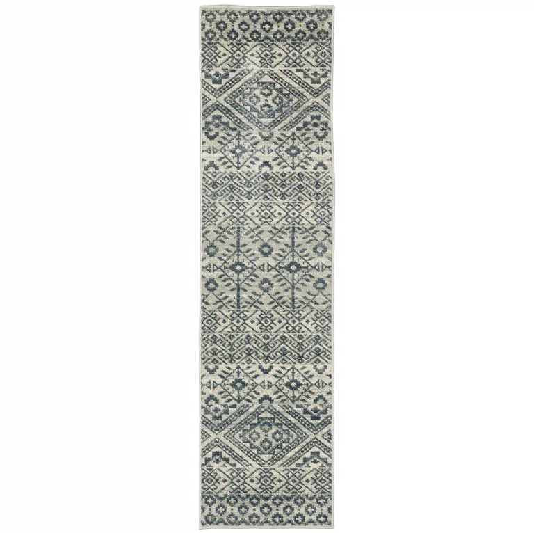 Blue And Beige Geometric Power Loom Stain Resistant Runner Rug Photo 1