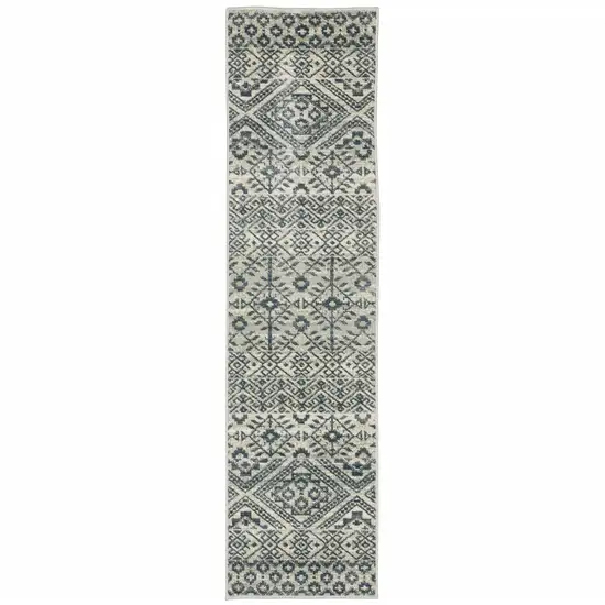 Blue And Beige Geometric Power Loom Stain Resistant Runner Rug Photo 1