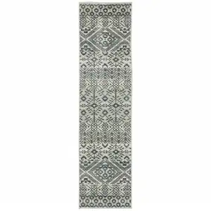 Photo of Blue And Beige Geometric Power Loom Stain Resistant Runner Rug